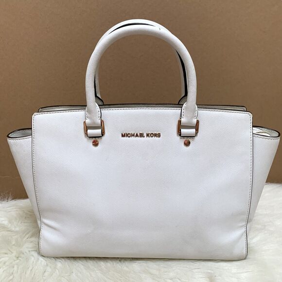 MICHAEL KORS Large Optic White Saffiano Leather SELMA Satchel - Picture 1 of 16
